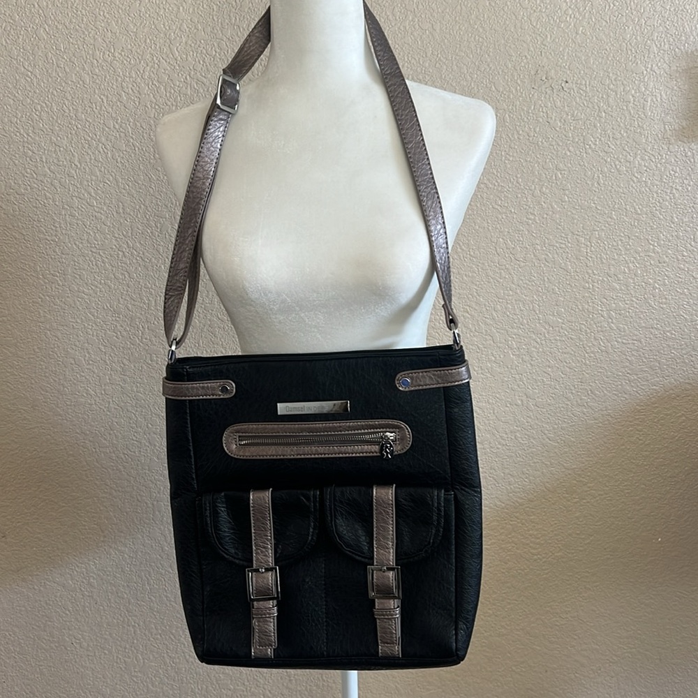 Damsel In Defense concealed carry Black and Silver Crossbody Bag Purse JEMMA